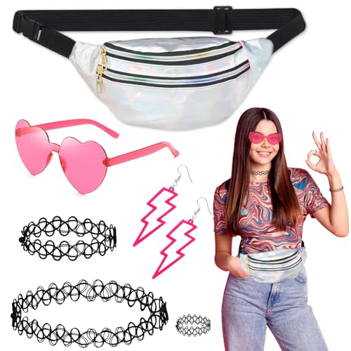 6 Stück 80er Jahre Accessoires Outfit Damen,80er 90er Jahre Kostüm Kleidung Accessoires mit Bauchtasche,Brillen,Halskette,Armbänder,Ohrring,Ring,Neon 80 Jahre Party Outfit Damen fur Karneval (Silbrig) von Oerphh