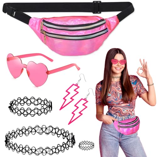 6 Stück 80er Jahre Accessoires Outfit Damen,80er 90er Jahre Kostüm Kleidung Accessoires mit Bauchtasche,Brillen,Halskette,Armbänder,Ohrring,Ring,Neon 80 Jahre Party Outfit Damen fur Karneval (Rosa) von Oerphh