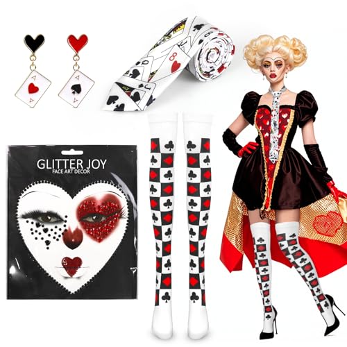 6 Stück Casino Party Kostüm Herzkönigin Kostüm Zubehör mit Pokerkarten Krawatte Ohrringe Herzkönigin Strümpfe Gesichtstattoo Karneval Kostüm Damen für Fasching Cosplay Verkleidungsparty von Oerphh