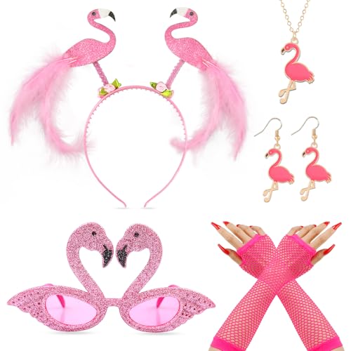 7 Stück Flamingo Kostüm Accessoire Damen Flamingo Haarreif Brille Halskette Flamingo Ohrringe Handschuhe Karneval Kostüm kinder Flamingo für Hawaii Fasching Cosplay Maskerade Party von Oerphh