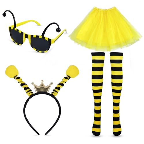 Bienenkostüm-Set für Erwachsene und Damen, Hummel-Kostüm mit Bienen-Antenne, Stirnband, Biene, Sonnenbrille, gestreift, kniehoch, Strümpfe, Bienenkleid, Hummel-Kostüm, Verkleidung für Party, Cosplay, von Oerphh