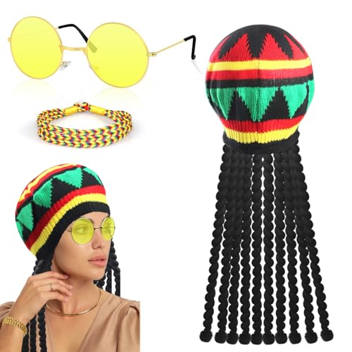 Oerphh 3pcs Rasta Set, Authentische Jamaikanische Dreadlocks Perücke Hut mit gelber Brille Geflochtenes Armband Karibik Verkleidung Kostüm für Party Maskerade Cosplay Halloween von Oerphh