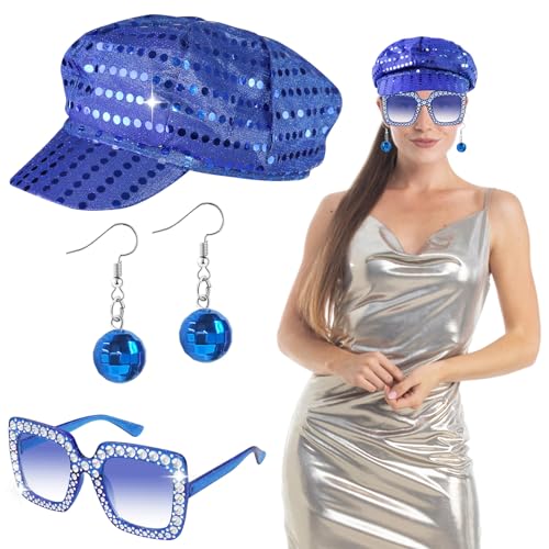 Oerphh 70er Jahre Disco-Hut-Set, 3-teiliges Pailletten-Glitzer-Abba-Hut mit glitzernder Sonnenbrille, Disco-Ohrringe, Disco-Zubehör für Erwachsene, Tanz-Mottoparty (blau) von Oerphh