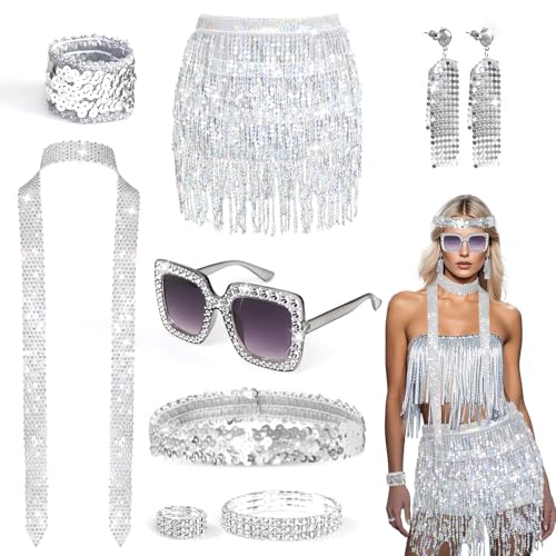 9 Stück Damen 60er 70er Jahre Glitzer Accessoires Disco Accessoires Kostüm mit Haarband Sonnenbrille Schal Ohrringe Armband Ring Pailletten Skirt Damen Glitzer Fasching Accessoires für Party Karneval von Oerphh