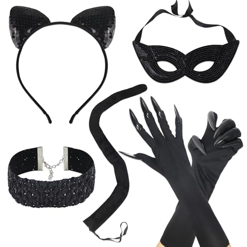 Oerphh Catwoman-Kostüm-Set, schwarze Katzenohren, Katzenschwanz, Maske, Krallenhandschuhe, Halsband, Catwoman-Kostüm, Zubehör für Damen, Halloween, Cosplay, 6-teilig (Stil 01) von Oerphh