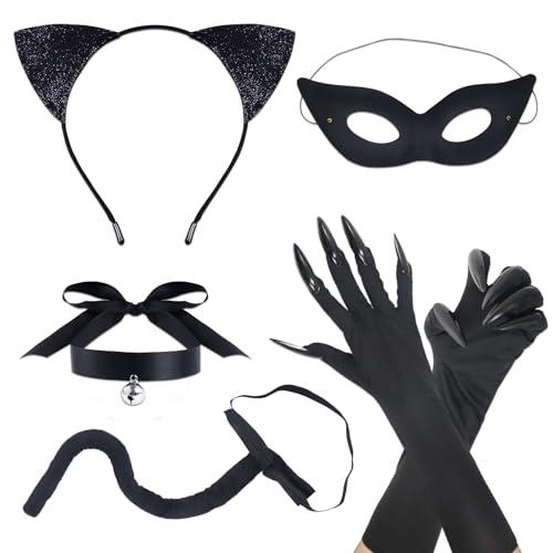 Oerphh Catwoman-Kostüm-Zubehör, schwarze Katze, Cosplay-Set mit Katzenohren, Stirnband, Augenabdeckung, Schwanz, Katzenkrallenhandschuhe, Halskette, schwarze Katze, Cosplay-Kostüm für Damen, von Oerphh