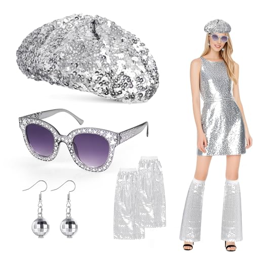 Oerphh Disco-Kostüm-Set für Damen, 70er-Jahre, Disco-Zubehör mit Pailletten, Baskenmütze, Sonnenbrille, Ohrringen, Beinstulpen, Abba-Kostüm für Retro, 70er-, 80er-Jahre-Motto-Party, Fasching, von Oerphh