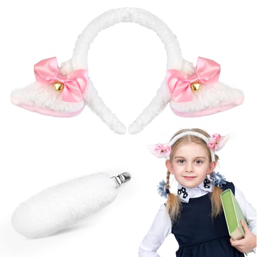 Oerphh Niedliches Schaf-Kostüm-Zubehör, flauschiges Schafsohren-Stirnband mit Schafschwanz-Set, Party-Tier-Verkleidung für Kinder, Cosplay, Karneval, Partyzubehör von Oerphh