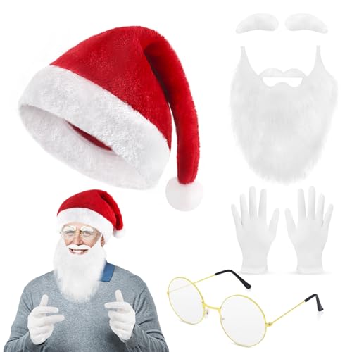 Weihnachtsmann Kostüm Zubehör Set Komplettes Weihnachtsmann Outfit mit Mütze, Bart, Augenbrauen, Brille & Handschuhen, Weihnachtsmann Kostüm für Weihnachtsfeier Festliche Feiern von Oerphh