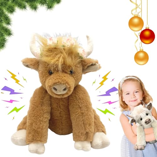 Theorbi Highland Cow Plush Toy, Realistic Highland Cow Stuffed Animal, Scottish Highland Cow Toy That Makes Sounds, Wearing Wreaths, Joints Can Move, Gifts for Boys Girls (Brown With Flower and Music) von Oforest