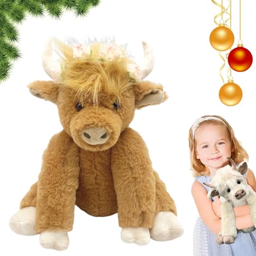 Theorbi Highland Cow Plush Toy, Realistic Highland Cow Stuffed Animal, Scottish Highland Cow Toy That Makes Sounds, Wearing Wreaths, Joints Can Move, Gifts for Boys Girls (Brown with Flower) von Oforest