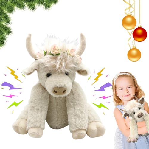 Theorbi Highland Cow Plush Toy, Realistic Highland Cow Stuffed Animal, Scottish Highland Cow Toy That Makes Sounds, Wearing Wreaths, Joints Can Move, Gifts for Boys Girls (White With Flower and Music) von Oforest