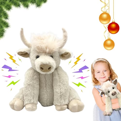 Theorbi Highland Cow Plush Toy, Realistic Highland Cow Stuffed Animal, Scottish Highland Cow Toy That Makes Sounds, Wearing Wreaths, Joints Can Move, Gifts for Boys Girls (White with Music) von Oforest