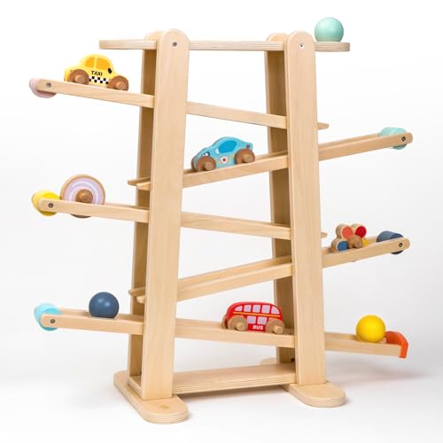 Oh My Baby Große Kugelbahn aus FSC Holz, Murmelbahn-Set, inklusive 9 Autos und Spielzeugbälle, Fahrzeugen, Kugelbahn für Kinder ab 1 Jahr, Größe: 57 x 60 cm von Oh My Baby