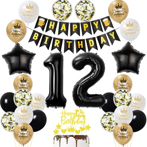 12 Geburtstag Deko Junge Mädchen, Gold Schwarz Party Deko 12. Geburtstag Junge Mädchen mit Luftballons Zahl 12 Geburtstag Tortendeko Happy Birthday Banner Ballons für Geburtstagsdeko 12 jahre von Ohaoduo