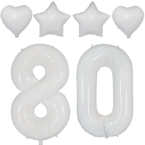 2 Luftballons Zahl 80 Weiß,40"Nummer 80 Luftballon Weiß frau +Stern/herz Weiß Folienballon,Helium ballons 80. Geburtstag deko frau mann Weiß Folienballon 80 jahre Geburtstag dekoration frauen(80) von Ohaoduo