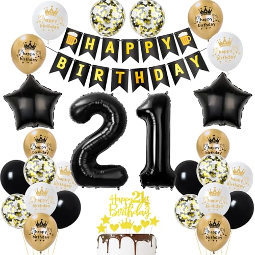 21 Geburtstag Deko mann frauen, Gold Schwarz Party Deko 21. Geburtstag Männer frauen mit Luftballons Zahl 21 Geburtstag Tortendeko Happy Birthday Banner Ballons für Geburtstagsdeko 21 jahre frau von Ohaoduo