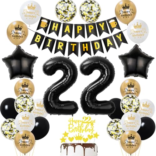 22 Geburtstag Deko mann frauen, Gold Schwarz Party Deko 22. Geburtstag Männer frauen mit Luftballons Zahl 22 Geburtstag Tortendeko Happy Birthday Banner Ballons für Geburtstagsdeko 22 jahre frau von Ohaoduo