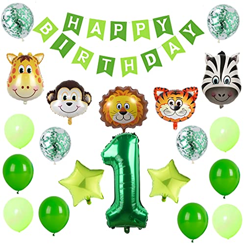 Luftballon 1. Geburtstag Tiere Thema Set, Grün Dschungel Geburtstagsdeko 1 Jahre Kindergeburtstag Deko Tier Folienballons Waldtiere Geburtstag Luftballons für Junge Mädchen Safari Party Deko von Ohaoduo