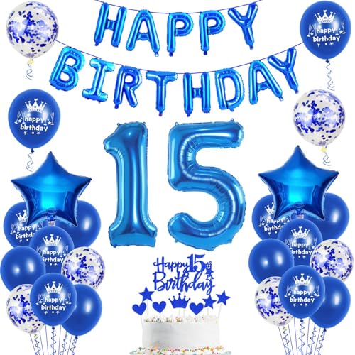 Luftballons 15. Geburtstag Dekoration junge blau happy birthday 15th Geburtstag Party Deko Set 15 geburtstag deko junge 15 jahre geburtstag jungen deko blau Folienballons 15 geburtstag junge deko(15) von Ohaoduo