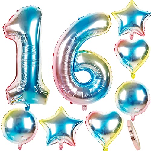 Luftballons 16 Geburtstag Dekoration Mädchen Junge bunt Zahlenballon 16 + herz/Stern Helium Folienballon 16 jahre geburtstag deko Mädchen rosa geburtstagsdeko 16.geburtstag deko Junge Mädchen(16) von Ohaoduo