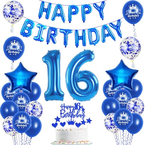 Luftballons 16. Geburtstag Dekoration junge blau happy birthday 16th Geburtstag Party Deko Set 16 geburtstag deko junge 16 jahre geburtstag jungen deko blau Folienballons 16 geburtstag junge deko(16) von Ohaoduo