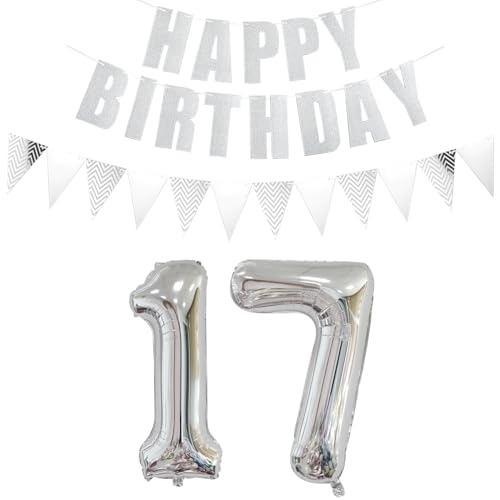 Luftballons Zahl 17 + Happy Birthday Girlande + banner Folienballon 17.Geburtstags deko Mädchen jungen Silber ballons 17 Jahre Geburtstag deko Zahlenballon 17 Geburtstag dekoration Mädchen junge(17) von Ohaoduo