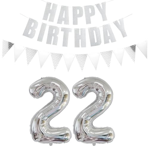 Luftballons Zahl 22 Silber + Happy Birthday Girlande + banner Folienballon 22.Geburtstags deko frau mann ballons 22 Jahre Geburtstag deko frauen Zahlenballon 22 Geburtstag dekoration Männer frau(22) von Ohaoduo