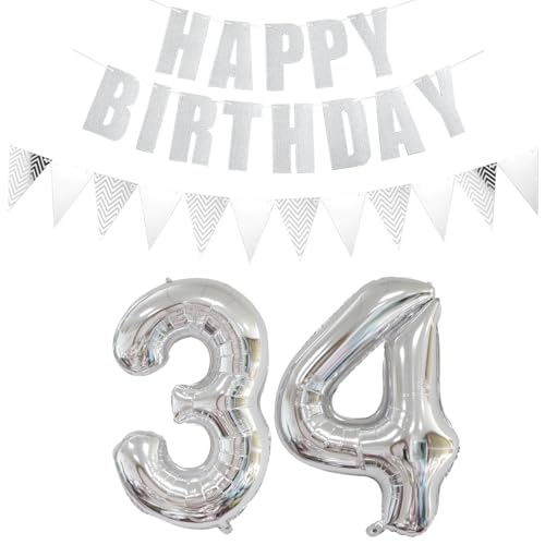 Luftballons Zahl 34 Silber + Happy Birthday Girlande + banner Folienballon 34.Geburtstags deko frau mann ballons 34 Jahre Geburtstag deko frauen Zahlenballon 34 Geburtstag dekoration Männer frau(34) von Ohaoduo