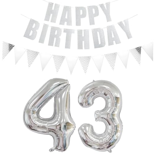 Luftballons Zahl 43 Silber + Happy Birthday Girlande + banner Folienballon 43.Geburtstags deko frau mann ballons 43 Jahre Geburtstag deko frauen Zahlenballon 43 Geburtstag dekoration Männer frau(43) von Ohaoduo