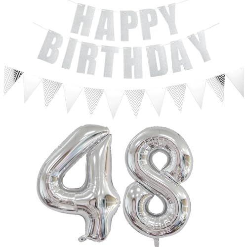 Luftballons Zahl 48 Silber + Happy Birthday Girlande + banner Folienballon 48.Geburtstags deko frau mann ballons 48 Jahre Geburtstag deko frauen Zahlenballon 48 Geburtstag dekoration Männer frau(48) von Ohaoduo