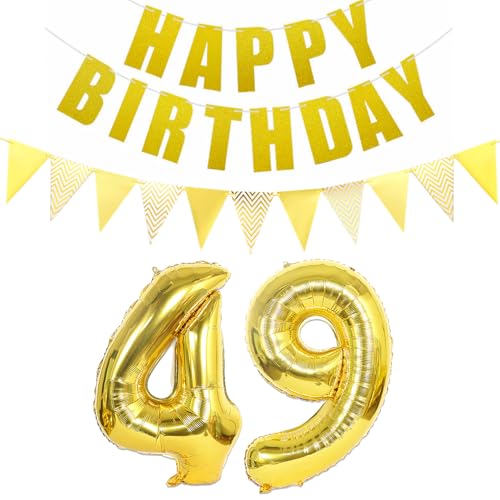 Ohaoduo: 2x 32 Zoll (80 cm) Gold Luftballons Zahl 49 + Happy Birthday Girlande + Banner Folienballon 49. Geburtstag Dekoration für Frauen & Männer, Unisex, Erwachsene, Geburtstagsparty von Ohaoduo