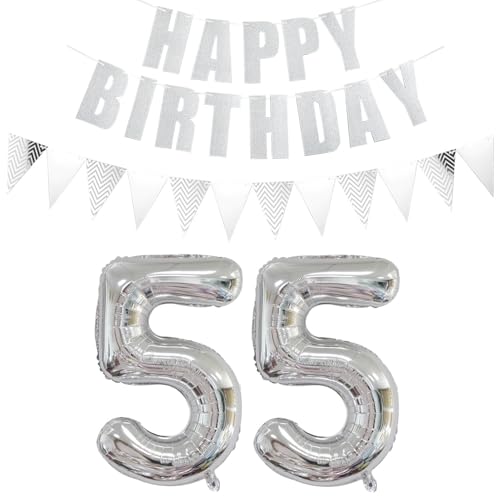 Luftballons Zahl 55 Silber + Happy Birthday Girlande + banner Folienballon 55.Geburtstags deko frau mann ballons 55 Jahre Geburtstag deko frauen Zahlenballon 55 Geburtstag dekoration Männer frau(55) von Ohaoduo