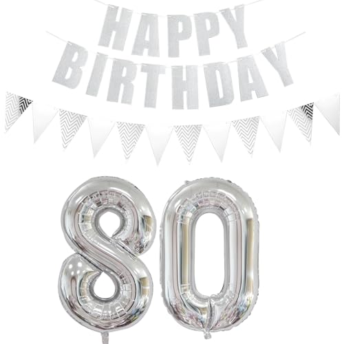 Luftballons Zahl 80 Silber + Happy Birthday Girlande + banner Folienballon 80.Geburtstags deko frau mann ballons 80 Jahre Geburtstag deko frauen Zahlenballon 80 Geburtstag dekoration Männer frau(80) von Ohaoduo