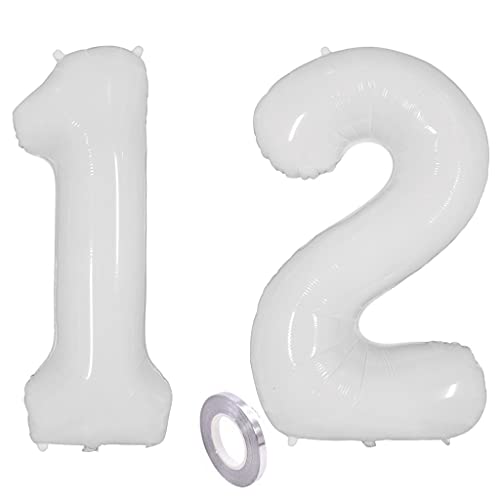 Weiß Luftballons Zahl 12. Geburtstag deko Mädchen Junge,Zahlen Ballon 12 Geburtstag deko, 40 Zoll Weiß Heliumballon 12 jahre Geburtstagsdeko Mädchen Junge Aufblasbar Helium Folienballon 12 Weiß（12） von Ohaoduo