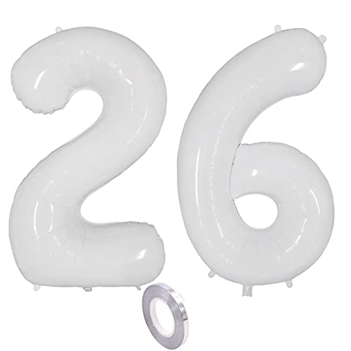 Weiß Luftballons Zahl 26. Geburtstag deko frau mann,Zahlen Ballon 26 Geburtstag deko, 40 Zoll Weiß Heliumballon 26 jahre Geburtstagsdeko frauen männer Aufblasbar Helium Folienballon 26 Weiß（26） von Ohaoduo