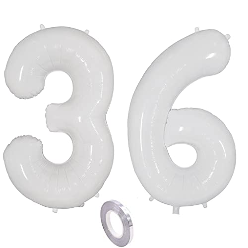 Weiß Luftballons Zahl 36. Geburtstag deko frau mann,Zahlen Ballon 36 Geburtstag deko, 40 Zoll Weiß Heliumballon 36 jahre Geburtstagsdeko frauen männer Aufblasbar Helium Folienballon 36 Weiß（36） von Ohaoduo