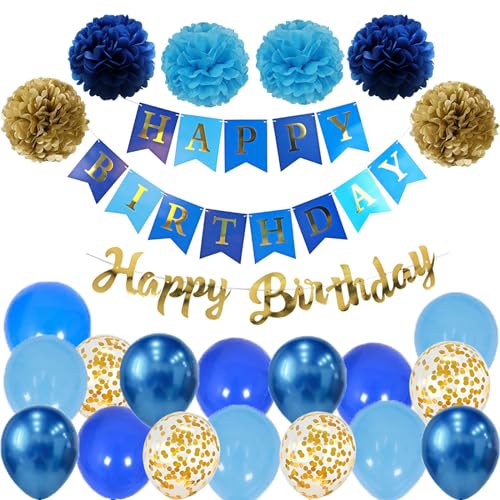 Ohighing Happy Birthday Blau Gold Geburtstag Party Deko Set Geburtstag Girlande Luftballons Blau Gold Ballons 6 Pompoms Geburtstagsdeko Män von Ohighing