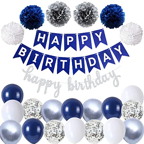 Happy Birthday Blau Silber Geburtstag Party Deko Set Geburtstag Girlande Luftballons Blau Ballons 6 Pompoms Geburtstagsdeko Mädchen Junge von Ohighing