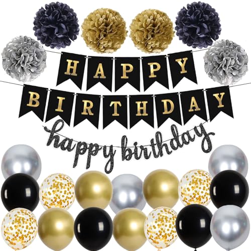 Happy Birthday Schwarz Gold Geburtstag Party Deko Set Geburtstag Girlande Luftballons Schwarz Gold Ballons 6 Pompoms Geburtstagsdeko Män von Ohighing