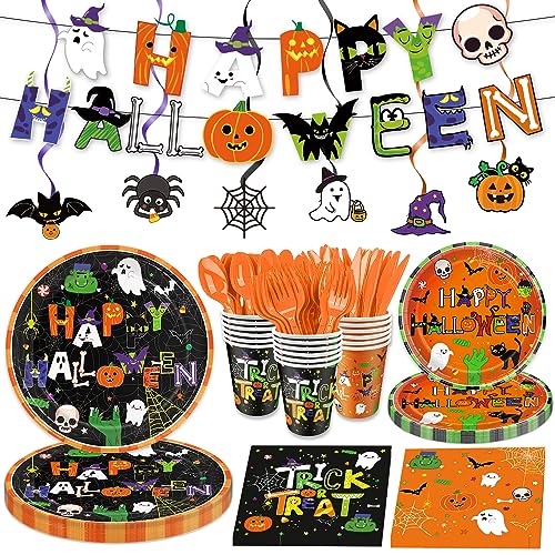 Halloween Party Supplies Set, Halloween Party Supplies Dekoration - Pappteller, Servietten, Tassen, Besteck, Banner und hängende Wirbel - 24 Portionen von Oigco