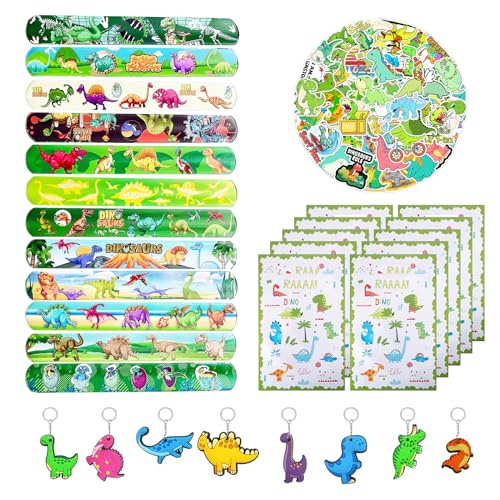 Dinosaurier Kindergeburtstag Mitgebsel Set, 80pcs Kinder Geburtstag Mitbringsel Gastgeschenke mit Geschenktüten Schnapparmbänder Schlüsselanhänger Aufkleber, Party Kleine Geschenke Give Aways Jungen von Oirigaga