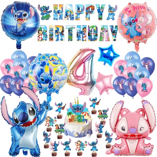 Oirigaga 44 Stück Geburtstagsdeko Luftballons Set für 4 Jahre Jungen Mädchen, Kinder Geburtstag Ballons, Party Deko Helium Balloons Folienballons mit Happy Birthday Banner und Tortendeko von Oirigaga