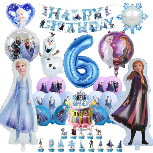 Oirigaga 46pcs Geburtstagsdeko Luftballons Set für 6 Jahre Mädchen, Eiskönigin Party Deko Ballons, Kinder Geburtstag Helium Balloons Eisa Anla Folienballons mit Happy Birthday Banner und Tortendeko von Oirigaga