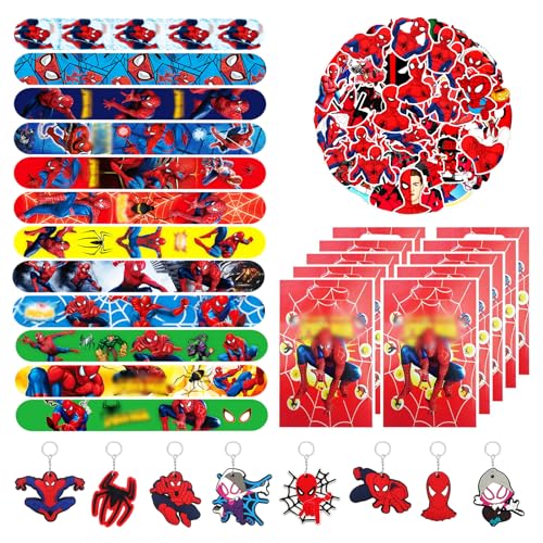 Oirigaga Kindergeburtstag Mitgebsel Set, 80pcs Spidey Geburtstag Mitbringsel Gastgeschenke mit Geschenktüten Schnapparmbänder Schlüsselanhänger Aufkleber, Party Kleine Geschenke Give Aways Jungen von Oirigaga