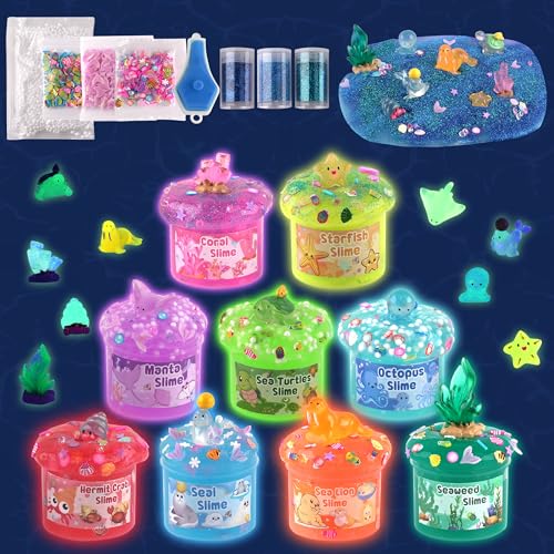 Ozean Leuchtender Slime Kit 9er Pack, mit Tiefsee-Schleim-Anhängern, DIY Regenbogen-Schleim-Set für Kinder, Leucht-Party-Geschenke für Jungen & Mädchen, Geburtstags-, Ostern von Okaybee