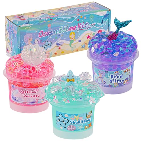 Ocean Slime Kit 3 Pack für Kinder: Enthält Mermaid Perlen-Schleim, Pinken Knister-Schleim & Blauen Klar-Schleim, Spaß- & Sinneserlebnis DIY Schleim-Set für Mädchen & Jungen, Schleim-Partygeschenke von Okaybee