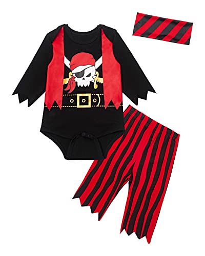 Piraten-Outfit für Babys, Jungen, Halloween, lustig, langärmelig, mit Hut, 0-3 Monate, Schwarz 02, 3 Stück von Okbebe