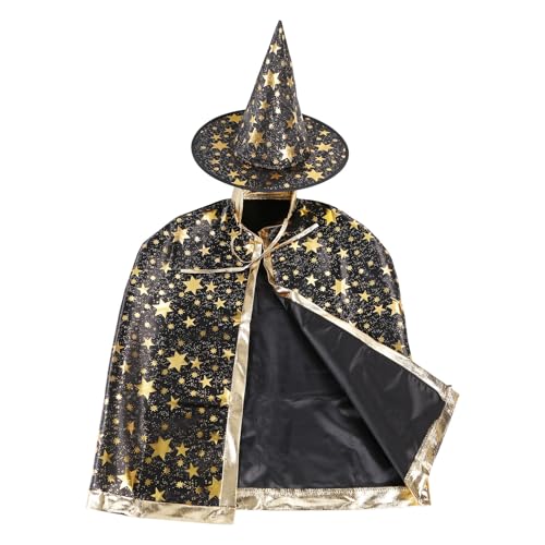 Okeeyseda Halloween Kostueme Hexe Zauberer Umhang mit Hut fuer Kinder Maedchen Schwarz von Okeeyseda