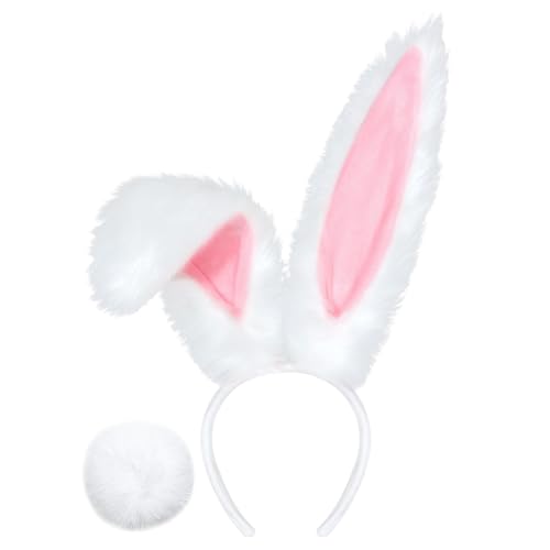 OldPAPA 1 Packung weiße Hasenohren Stirnband flauschige Kugelnadeln in Weiß Rosa Verkleidung Cosplay Party Zubehör für Erwachsene Kinder Frauen ideal für Haarstyling Dekoration zu Ostern, Halloween, von OldPAPA